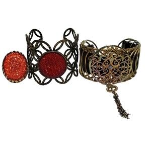 Vtg Floral Lattice Cuff Bracelet Lot – Red Jewel w/ Ring & Tassel Charm Accent
